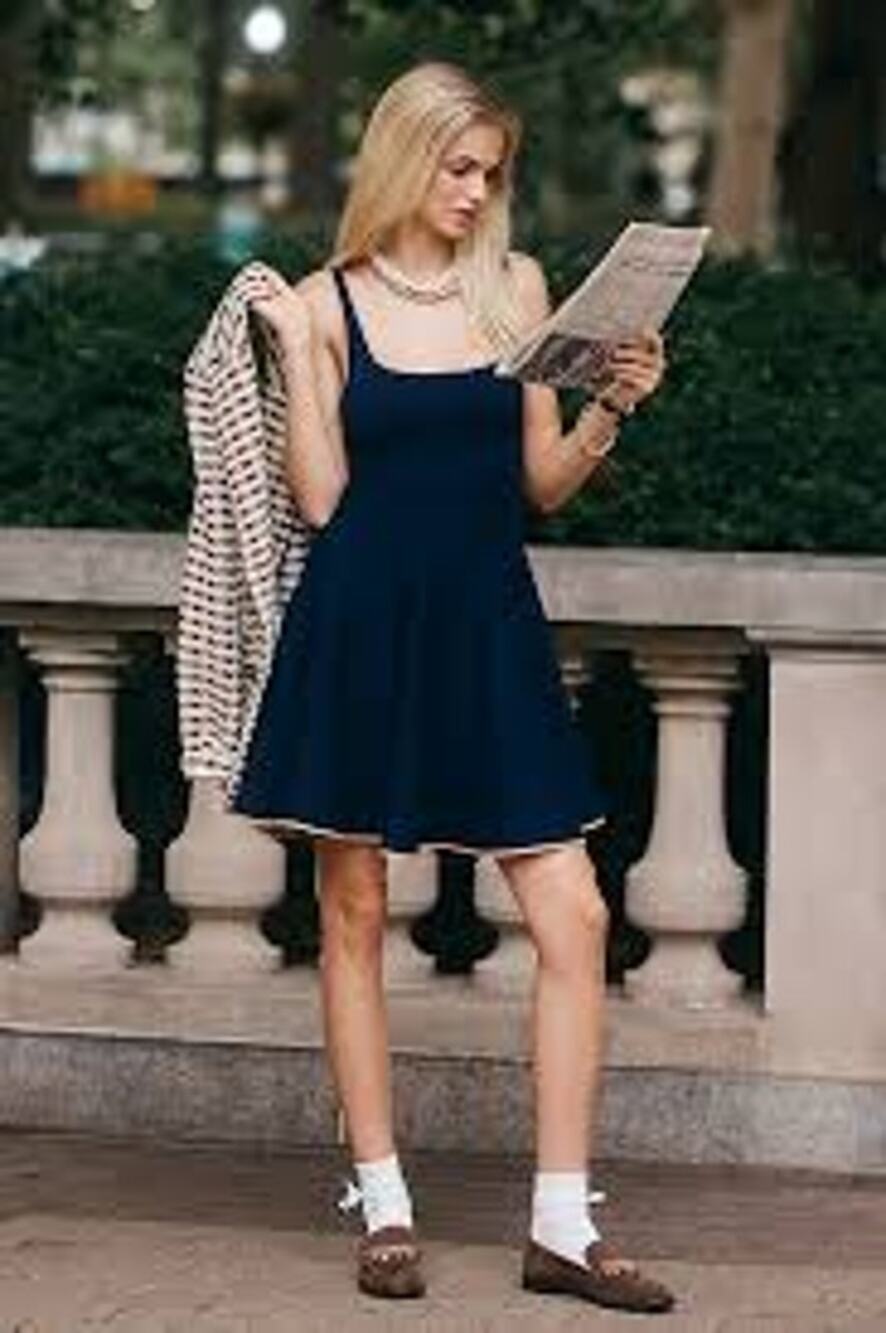 Anthropologie Navy Knit Mini Dress Size S Sleeveless Tan Contrast Trim Scallop